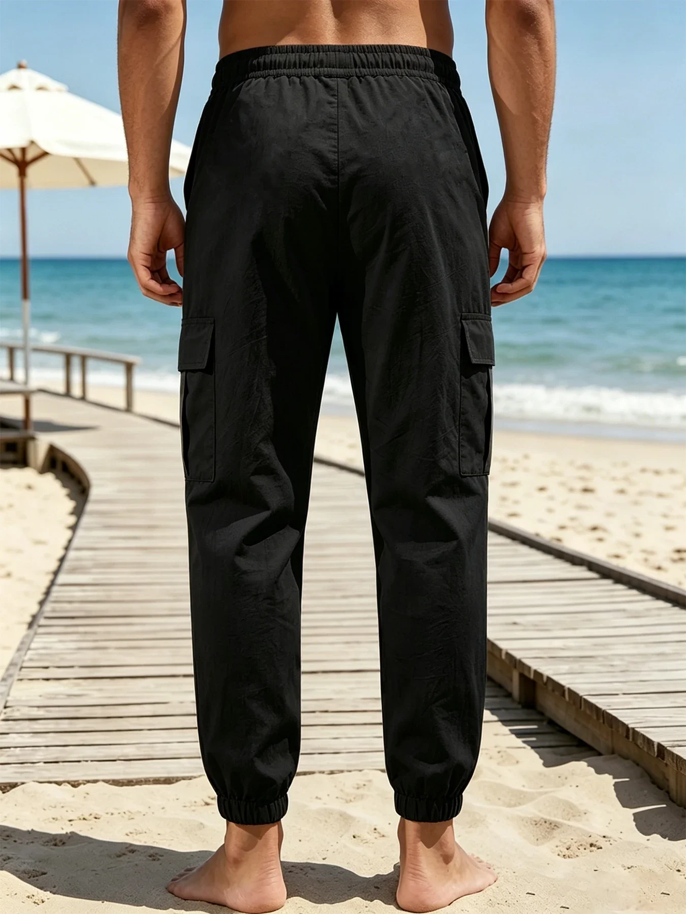Summer Mens Ultra-Light Cargo Joggers Adjustable Tassel Drawstring Waist Dual Cargo Hand Pockets Quick Drying Wrinkle Resistant
