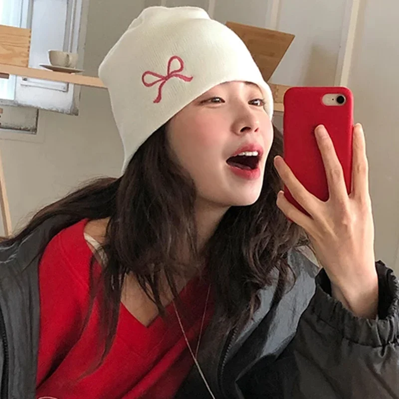 Y2K Bow Embroidered Knitted Hat Autumn And Winter Warm Women Beanies Cap Korean Fashion Solid Color Female Girls Skullcap Bonnet