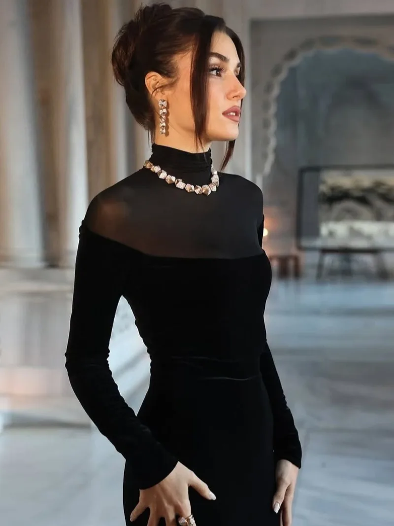 فستان سهرة أسود شبكي مرقع من FDYOUI للنساء أنيق شفاف بأكمام كاملة فساتين طويلة لحفلات الكوكتيل #3