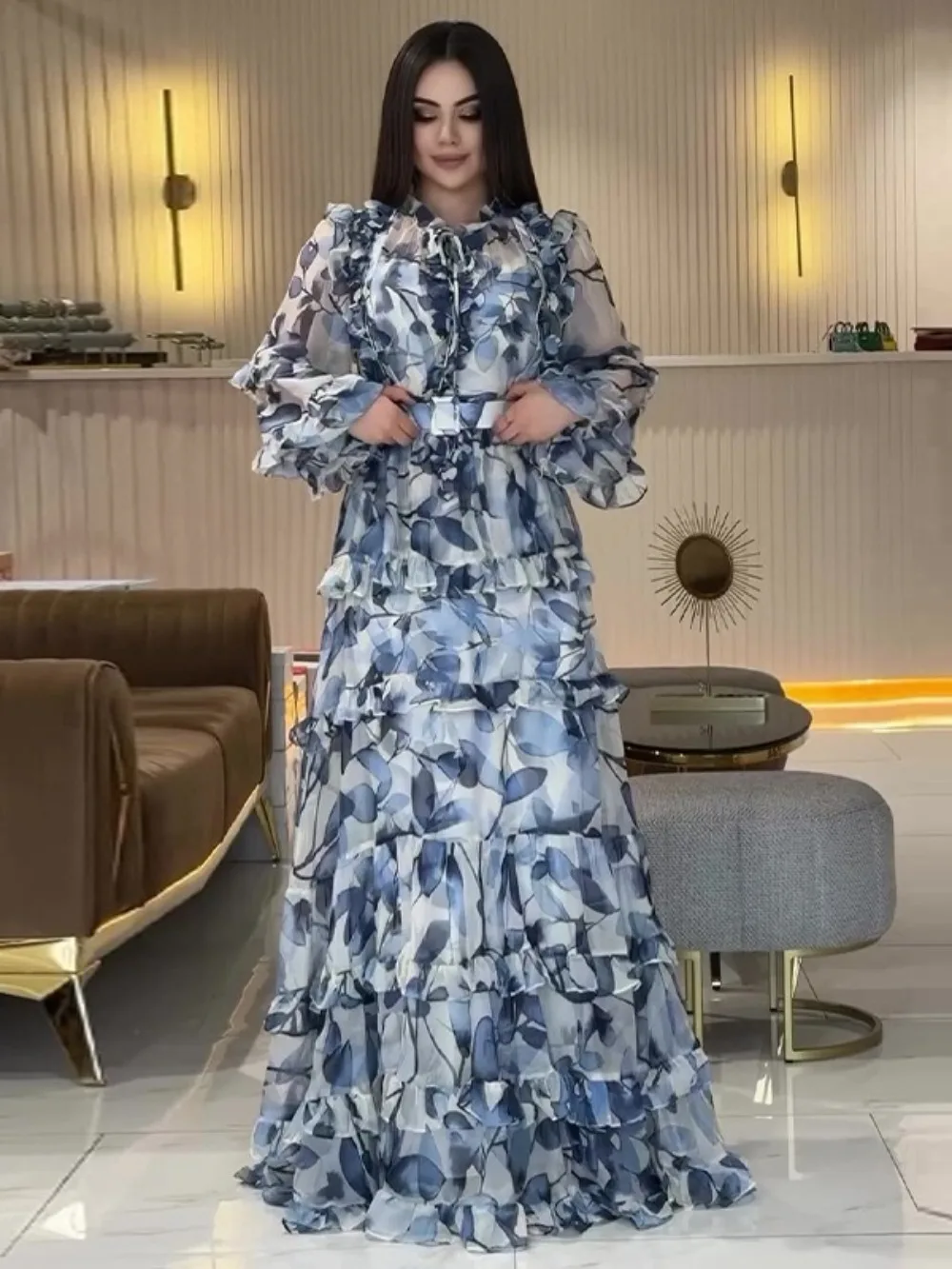 Eid femmes Robe de soirée Abaya musulman à volants imprimé Jalabiya Ramadan doux longues robes robes Largos caftan arabe longue Robe 2025