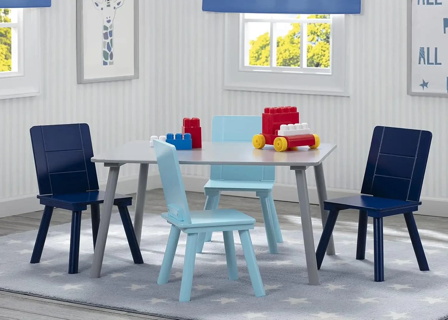 Children Kids Table and Chair Set (4 Chairs Included), Grey/Blue