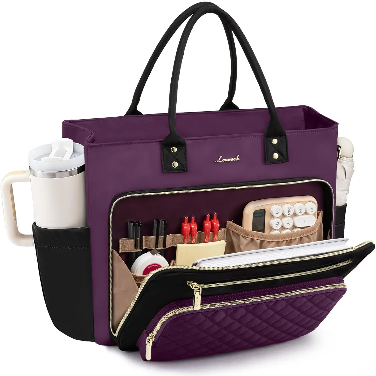 

15.6 Inch Professional Tote Bag for Women, Laptop Work Bag with Large Cup Holder, Business Briefcase and Diaper Bag Gift