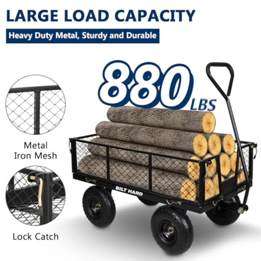 Heavy Duty 880 Lbs Capacity Mesh Steel Garden Cart, 4 Cu.Ft Heavy Duty Garden Cart with 180° Rotating Handle, Removable Sides,