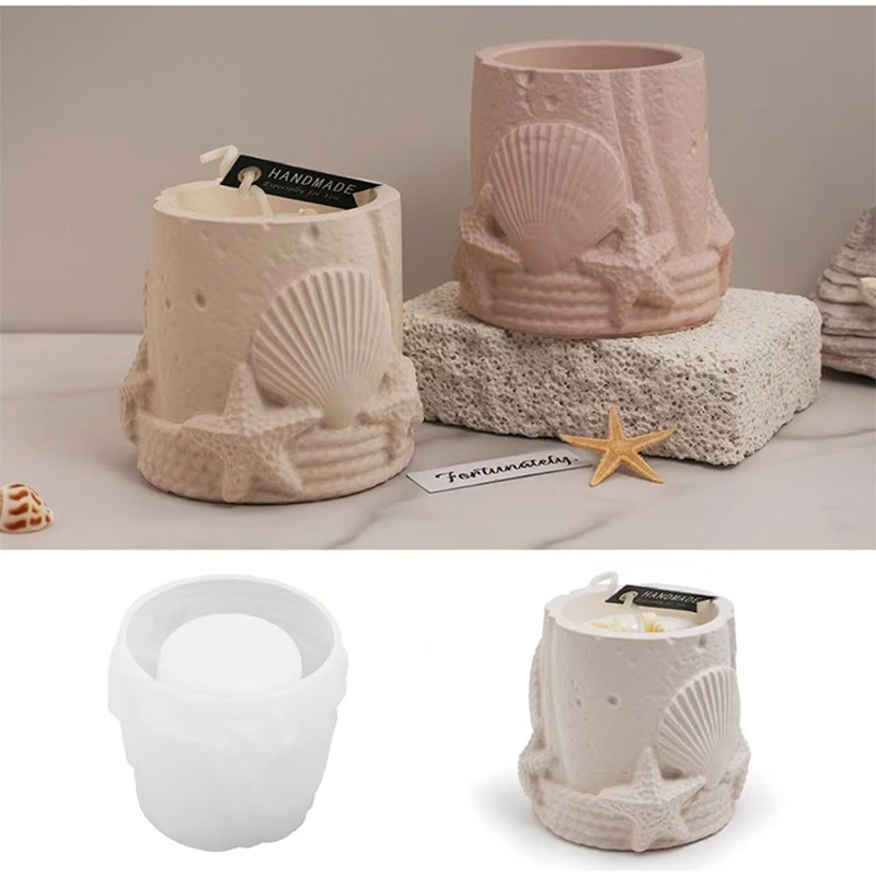 Shell Starfish Cylindrical Candle Jar Silicone Mold DIY Gypsum Cement Aromatherapy Container Embossed Ornament Mould