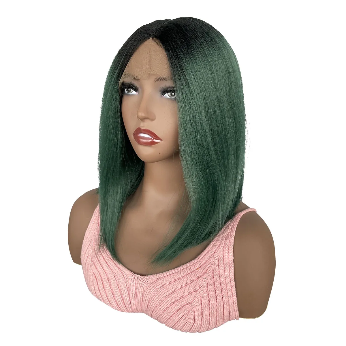 

BCHR Lace Front Wig Short Green Straight Bob Wigs for Women Middle Part Lolita Cosplay Synthetic Wigs