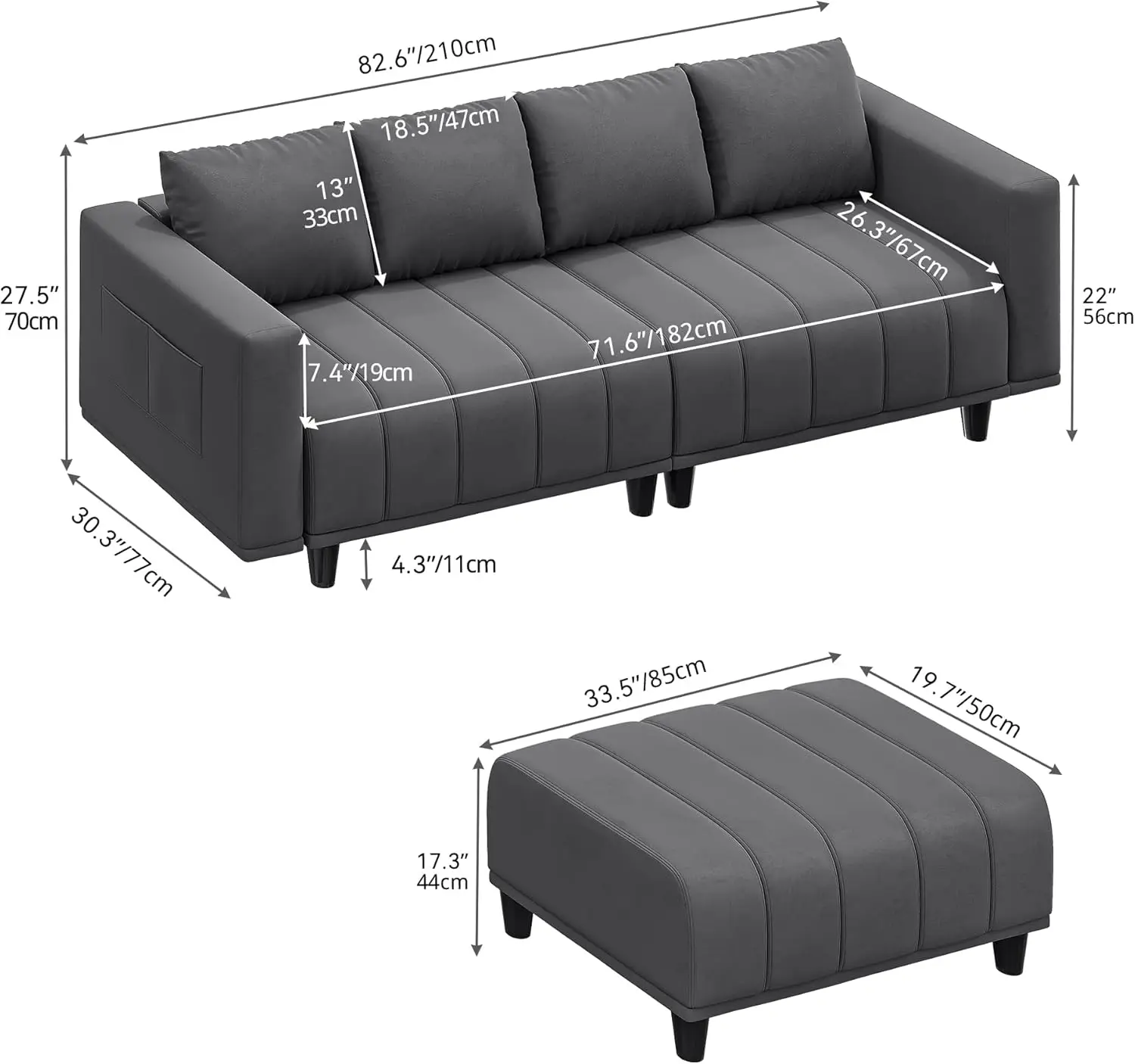 Sectional Couch with Ottoman 82.6