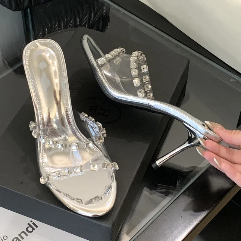 

Aneikeh/пикантные тапочки из ПВХ с кристаллами и бриллиантами, прозрачные женские уличные стильные летние туфли на тонком высоком каблуке, банкетные шлепанцы