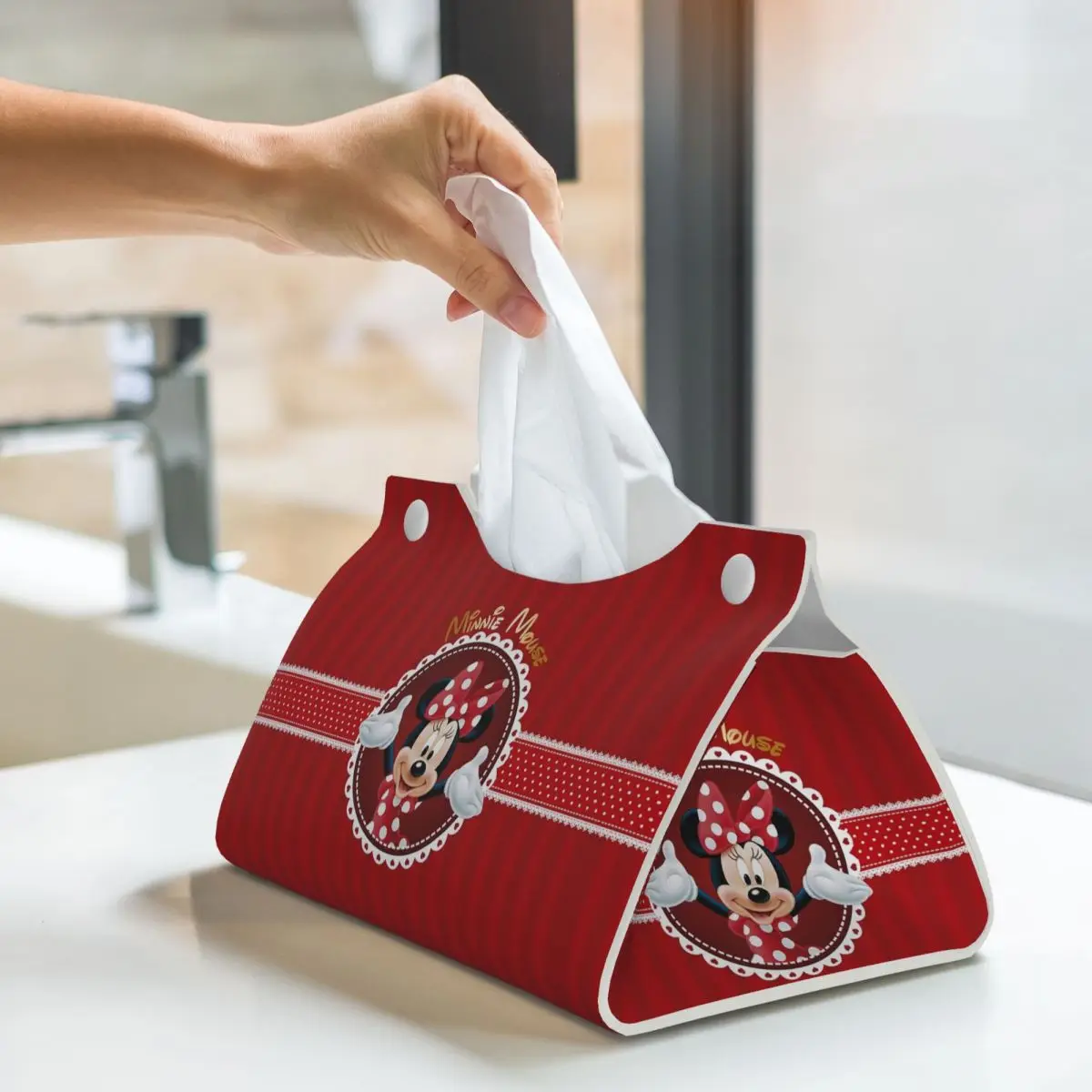 Custom Minnie Mouse Polkadot Anime Facial Tissue Box Cover Rectangular PU Leather Tissue Box Holder for Car Toilet