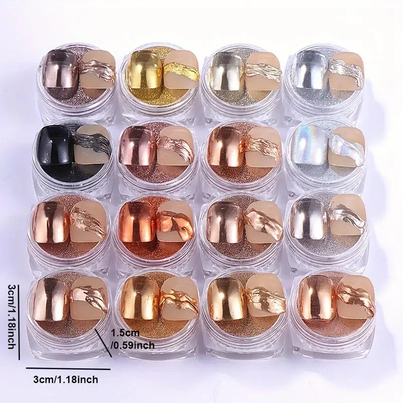 

16 boxes + 16 eye shadow sticks - Gold and Silver Effect Magic Mirror Nail Powder
