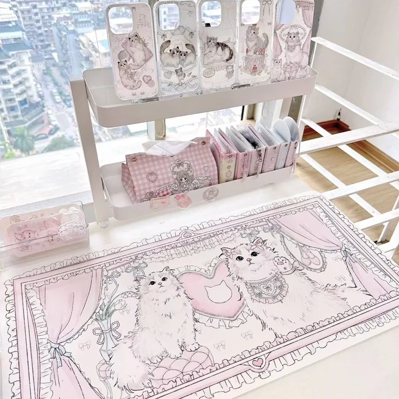 Ins Design Table Mat Sweetheart Doll Cat Cute Girl Heart Waterproof Non-Slip Leather Table Mat Mouse Pad Office Desk Decor
