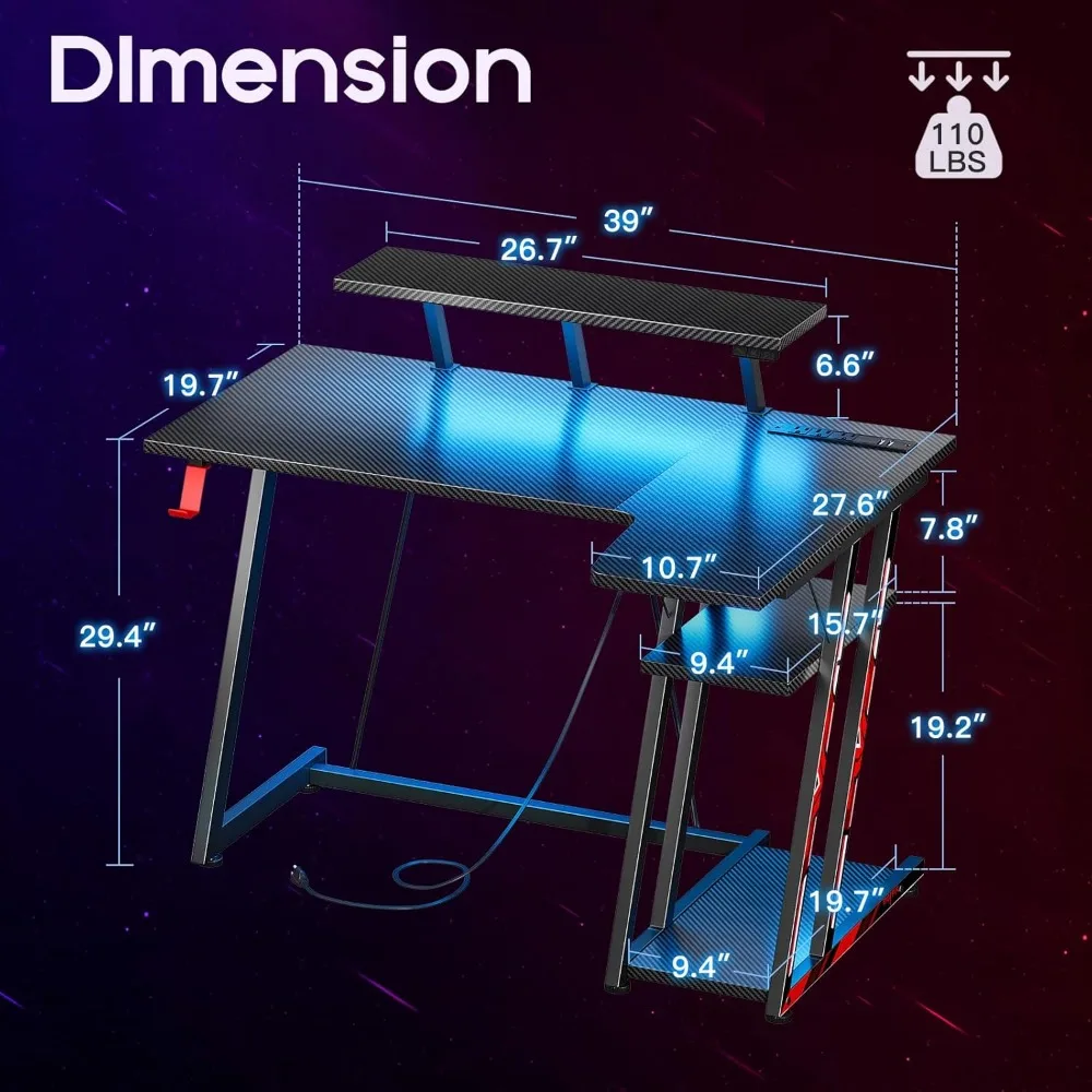 L Shaped Gaming Desk com Prateleira De Armazenamento, Mesa Gamer com Luzes LED e Tomadas De Energia, 39 ", Pequeno