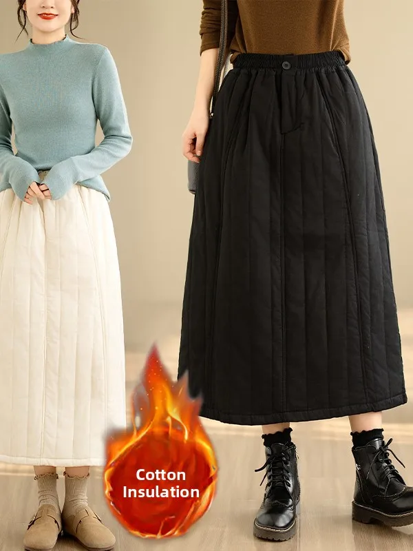 Korean Style A-Line  Skirt for Women Winter Loose Casual Versatile Cotton Lined Label Removed Simple Fashion Commute