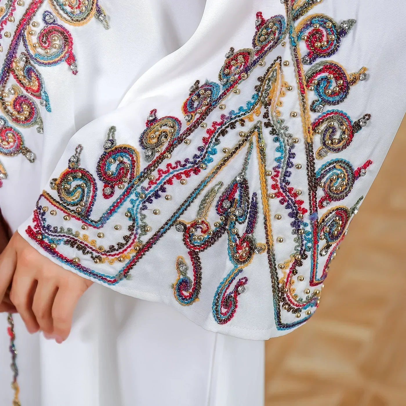 Muslim Loose Dress Colorful Floral Embroidery Rope Abaya Middle East Women Robe Islamic Fashion V-neck Gown Long Jalabiya Eid