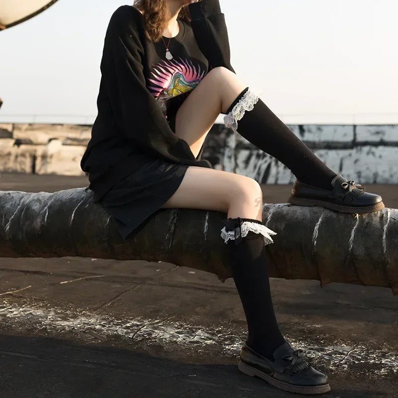 Süße Mädchen Lange Socken Strümpfe Frauen Bandage Band Schleife Kniestrümpfe Oberschenkel Hohe Strümpfe Lolita Spitze Rüschen Socken Strumpf