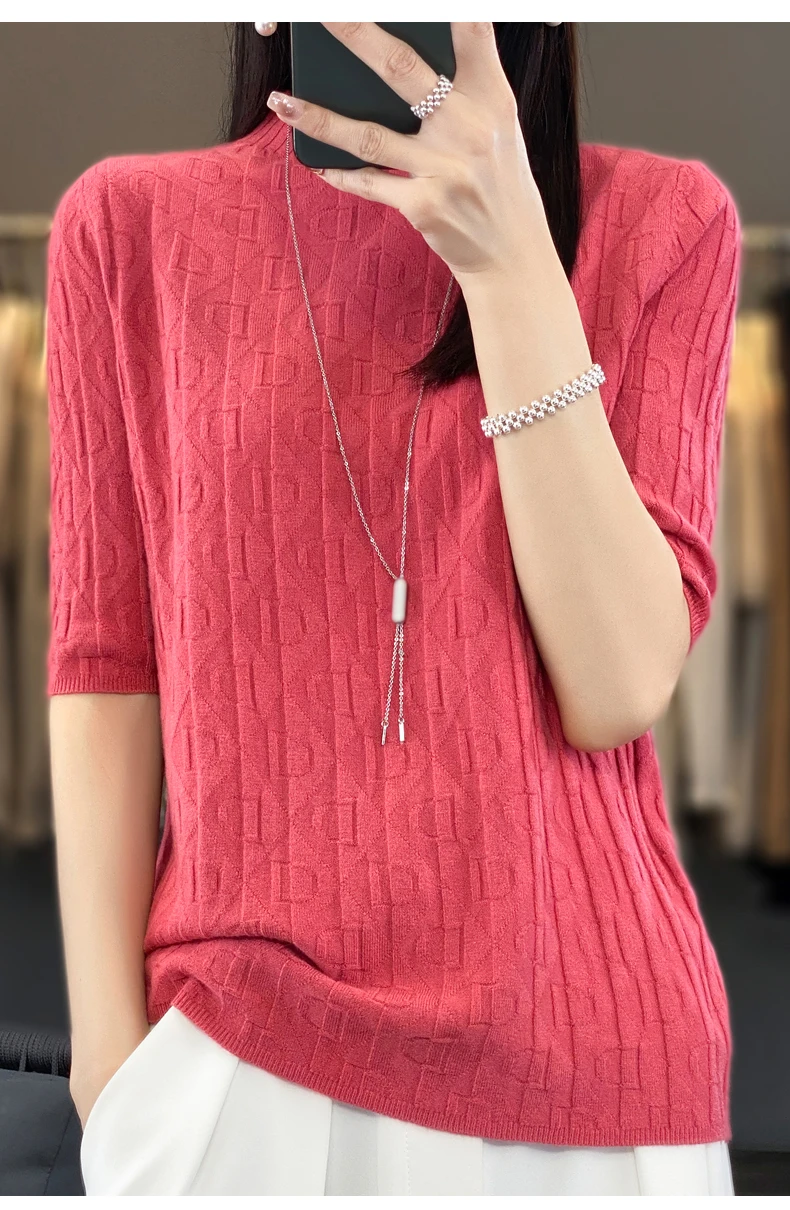 Women New Soft Diamond Letter Design Sweater Half-high Collar Three Quarter Sleeve Pullover Spring Summer Casual Knit Slim Top