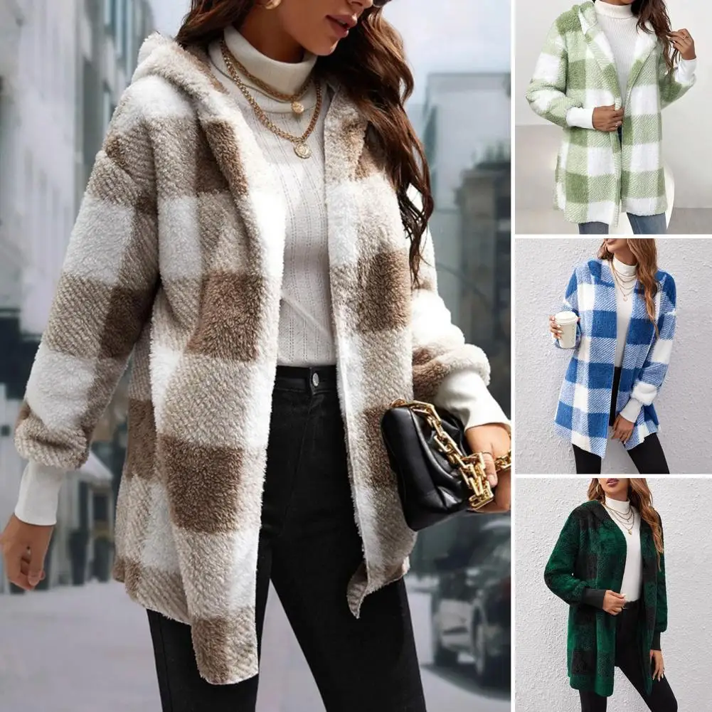 Women Sweater Coat Contrast Color Cardigan Sweater Plaid Print Hooded Winter Sweater Coat Windproof Mid Length Fuzzy for School