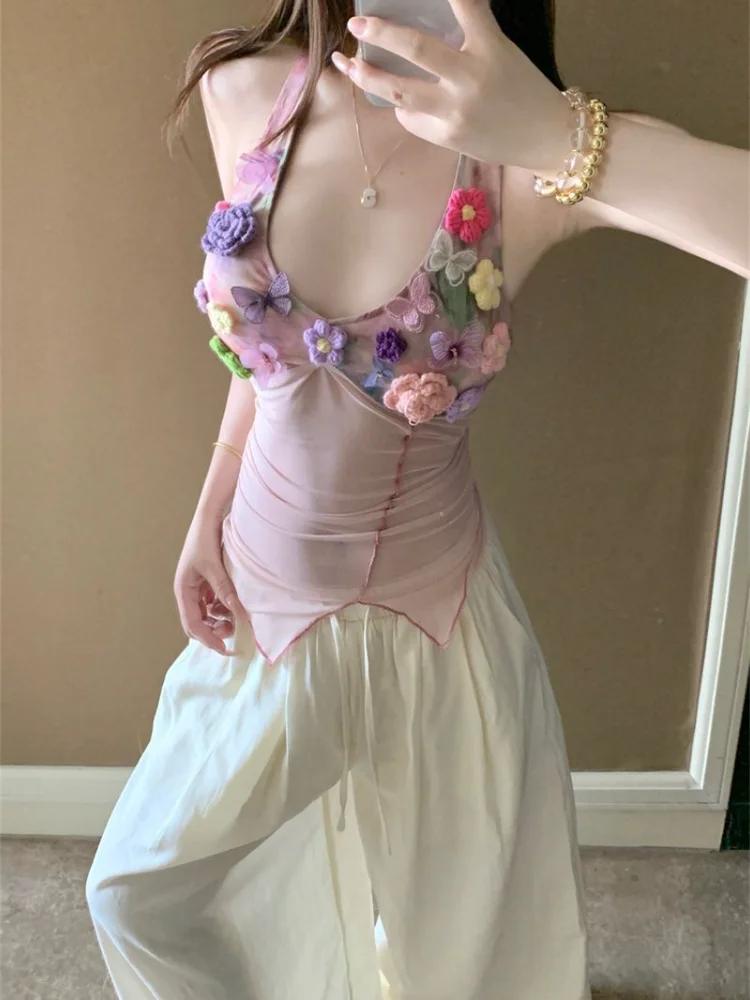 Irregular Heavy Halter Lace Up Sling Vest Dopamine Mesh Slim Korea Chic Ins Tanks All-match Trendy Hot Sell Moda New Tees