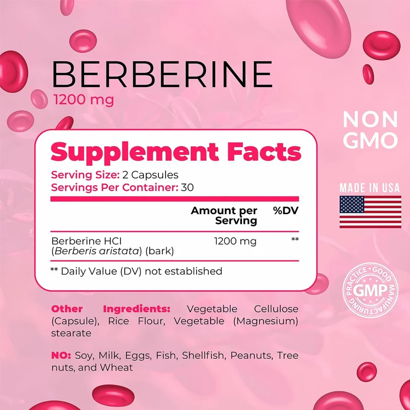 Berberine HCI 1200mg-supporta il metabolismo del glucosio-sistema immunitario, cardiovascolare, non GMO-60 capsule