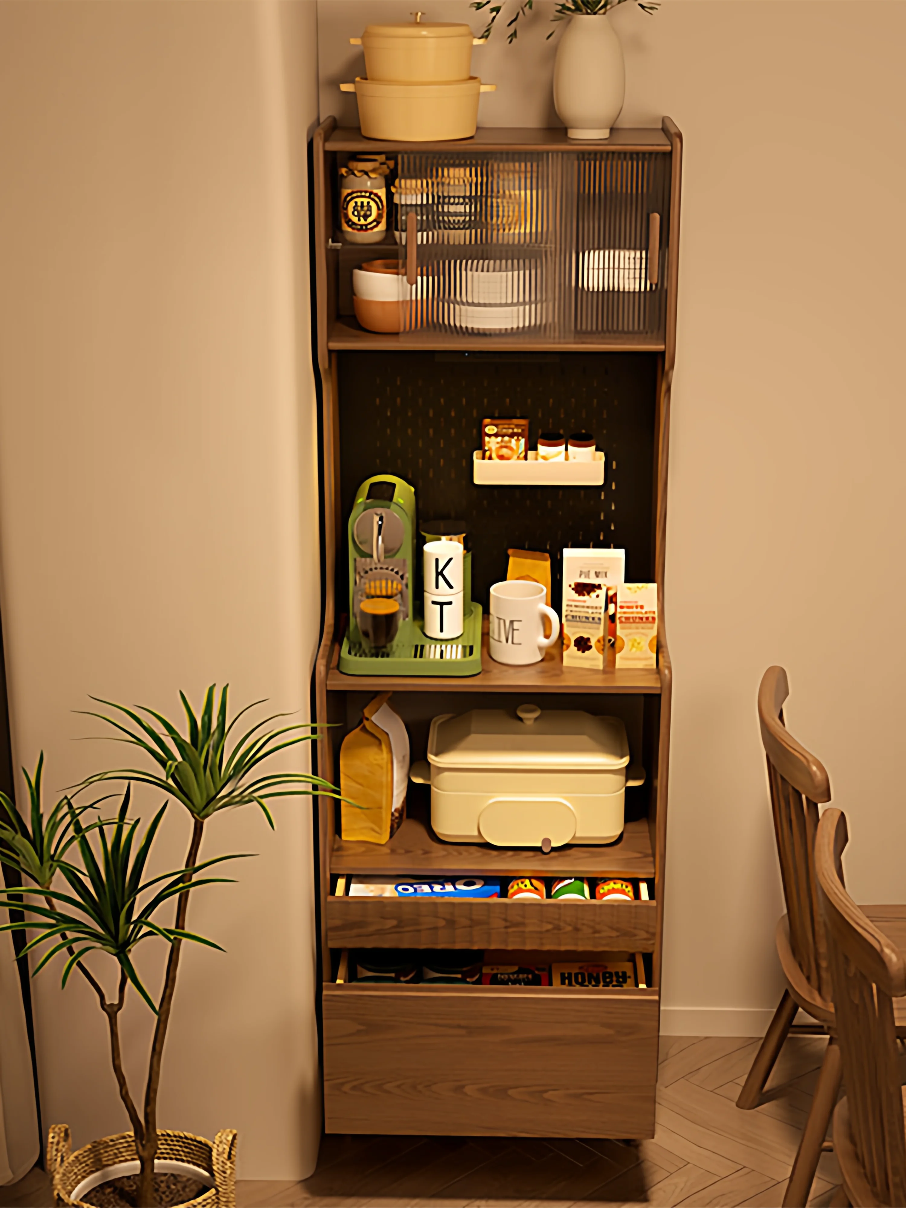 Ultra-narrow solid wood sideboard, coffee cabinet, small apartment, kitchen and dining room integrated wall