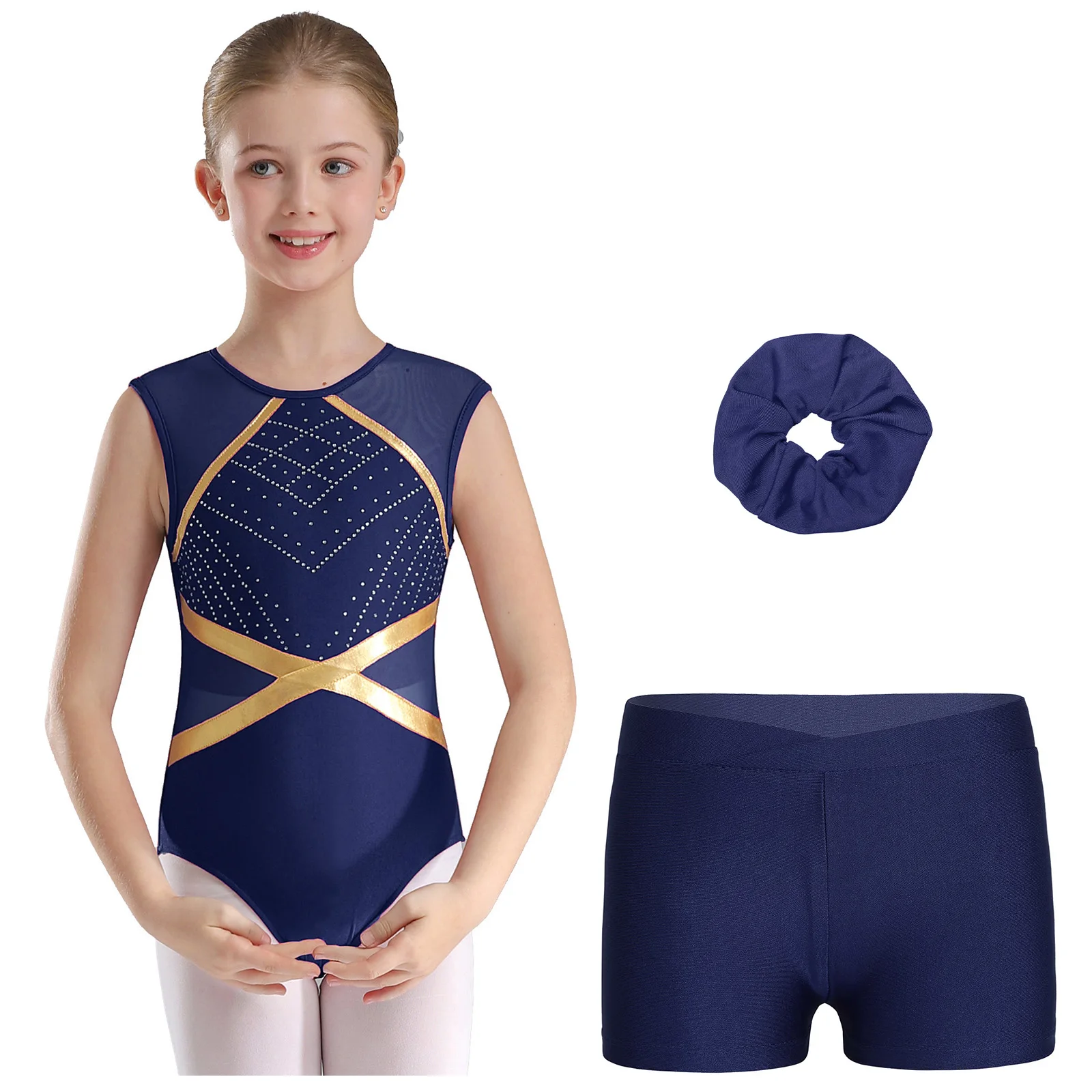 Kids Girls Gymnastics Ballet Dance Outfit 3-Piece Keyhole Back Sleeveless Slim fit Leotard Bodysuit+Shorts+Hair Tie Headwear Set