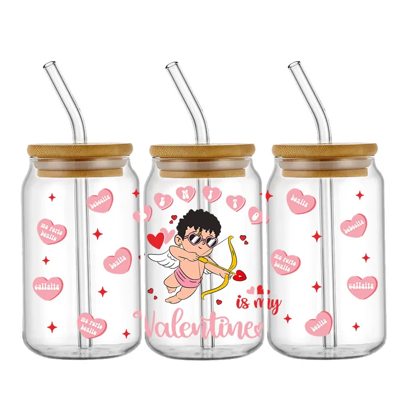 Valentine's Day UV DTF Transfers Stickers Happy Love Cup Wraps 16oz Libbey Glass Can Waterproof DIY Personalize Sticker Labels