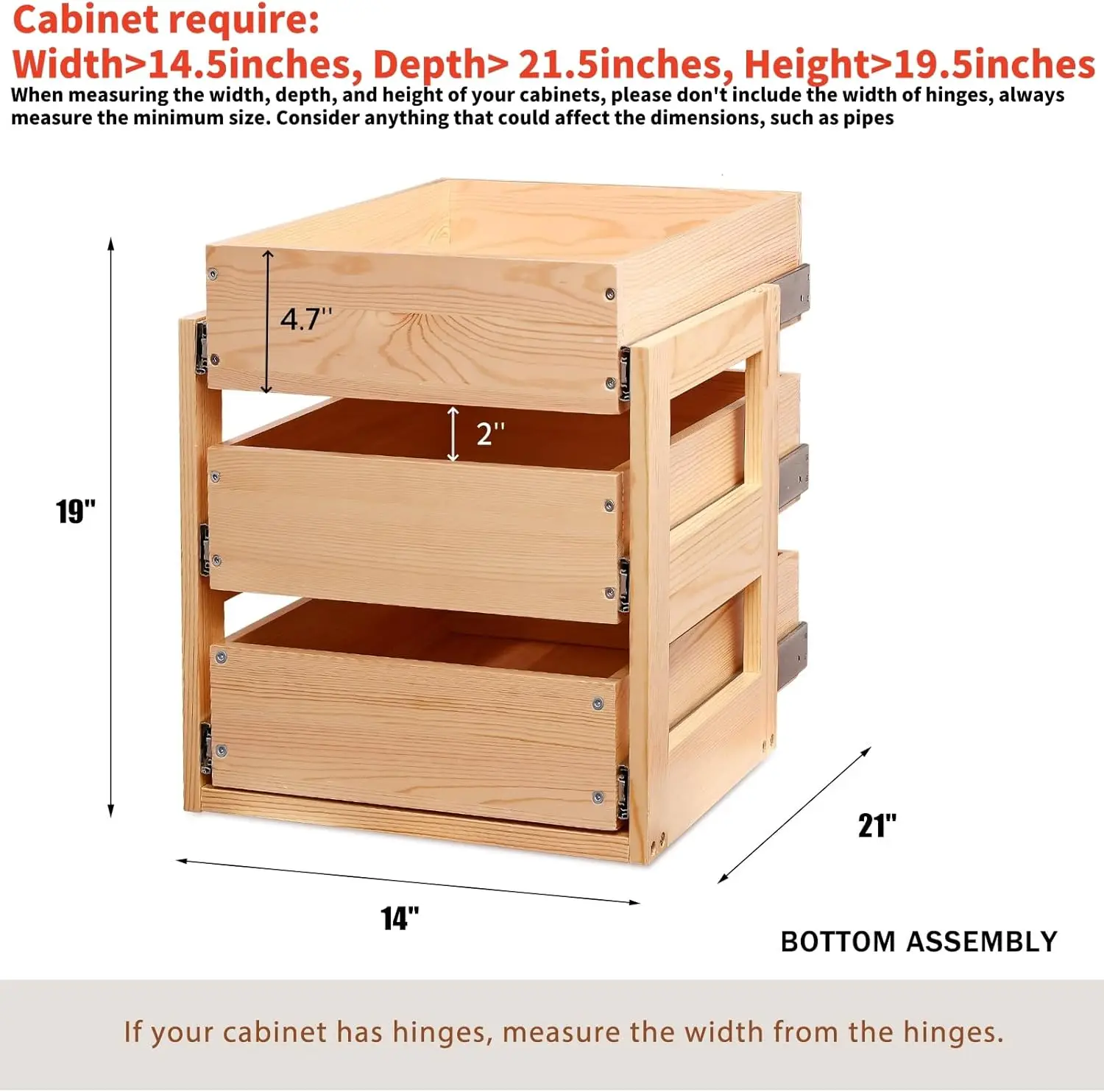 

Выдвижные ящики для шкафов, 14 дюймов Ш × 21 дюйм Д × 19 дюймов Выдвижные деревянные полки с мягким закрыванием Органайзер для хранения для кухни, 3-уровневый, распродажа
