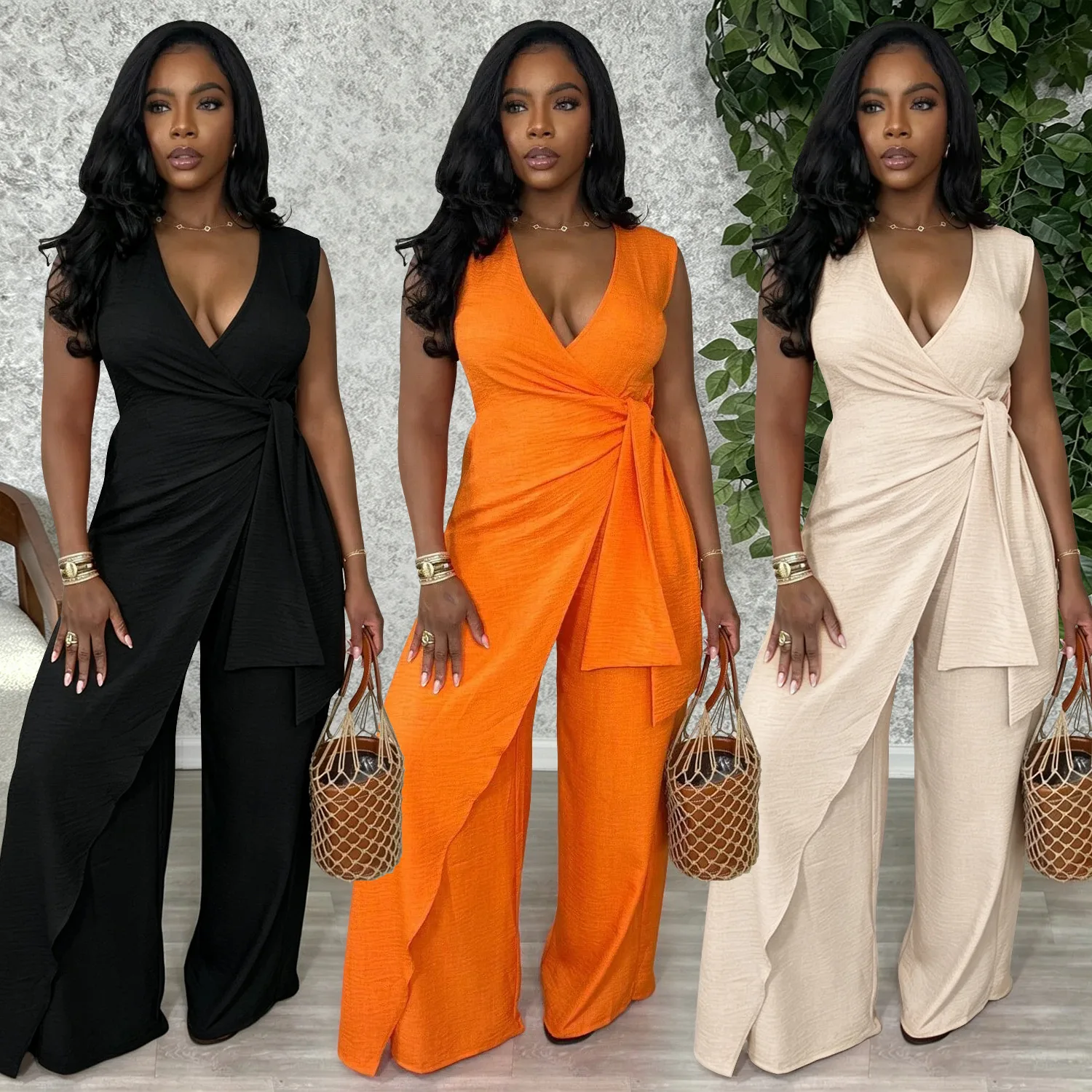 C77862026 New Women's Sleeveless V-neck Cross-tie Split Top Wide-leg Lady Cloth Jumpsuit Summer Maxi Dress Midi Clothes Vestidos