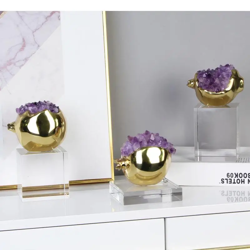 

Light Luxury Brass Purple Crystal Golden Pomegranate Lucky Ornament Living Room Wine Cabinet Decoration Artwork Home Decoration