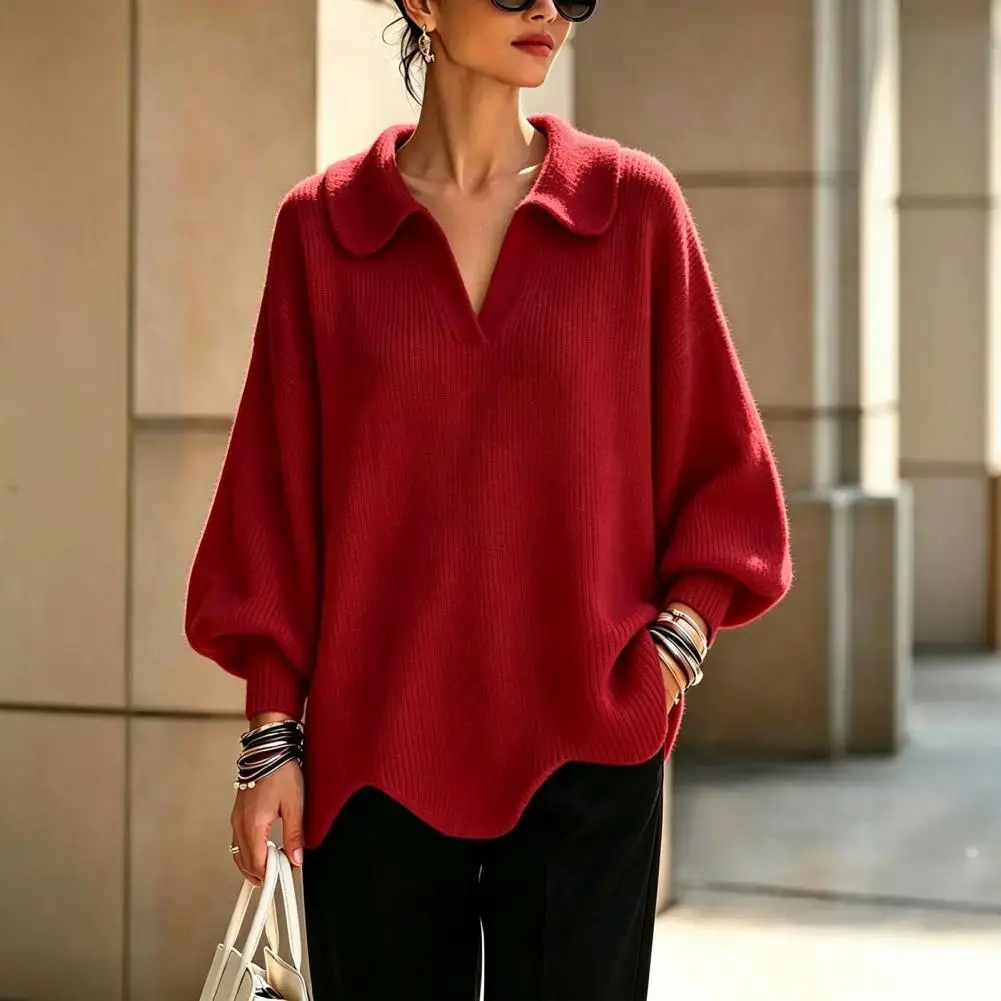 Loose Fit Sweater Ribbed Knitwear Autumn Winter Knitted Sweater Women’s Lapel V-neck Pullover Solid Color Loose Fit Knitwear