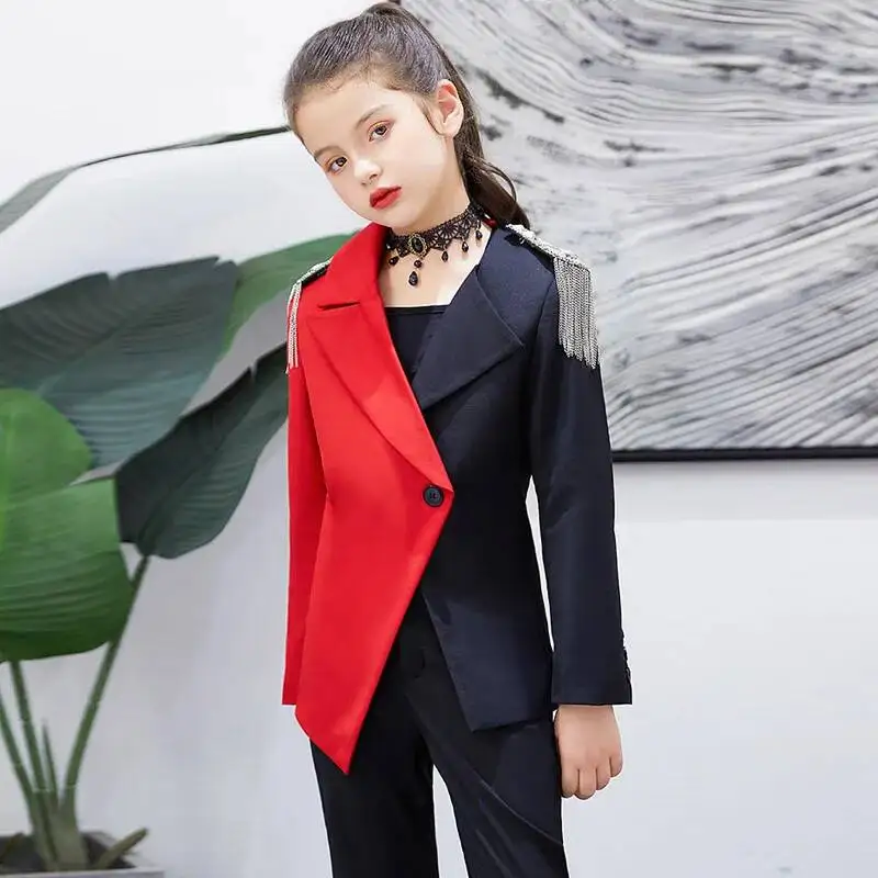 

Matching Black Color And Red Girls' Suit Children's Suit Korean Version Runway China-Chic Fashion Personality Performance Dress