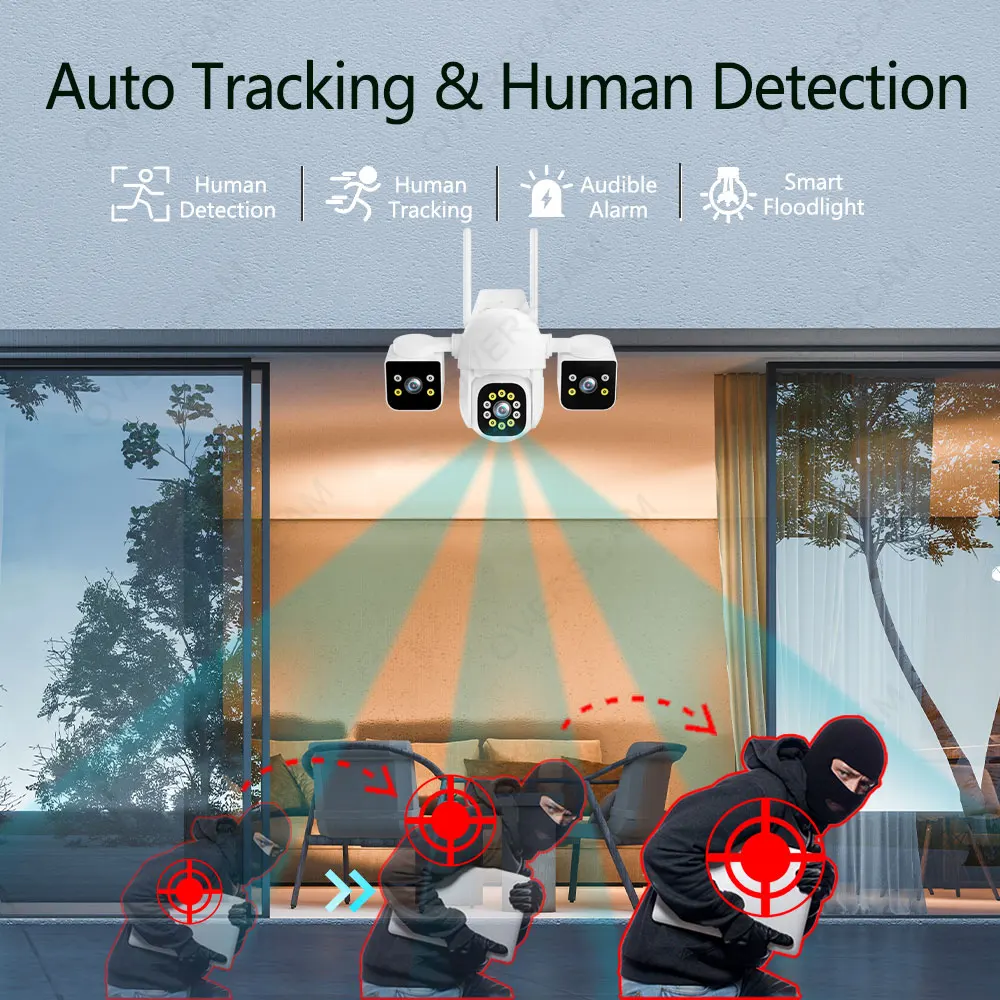 6K 12MP 3 Lens 3 Screens  Ai Motion Tracking PTZ 4K Video WiFi Outdoor Camera  Security surveillance Camera IPC360 Home