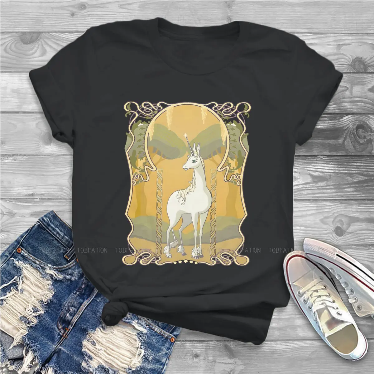 The Last  Art Nouveau 4XL TShirts Cute Unicorn Cartoon Female Harajuku Fabric Tops T Shirt Round Neck