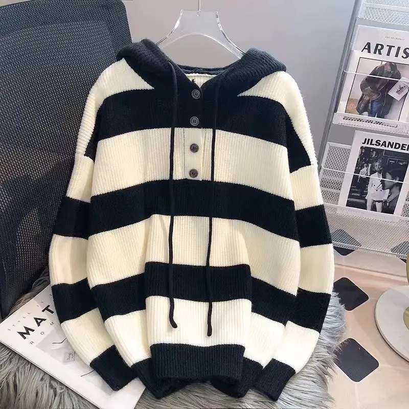 

Hooded Knitted Sweater Women's Spring and Autumn Korean Edition Loose Striped Fashion Women's Top