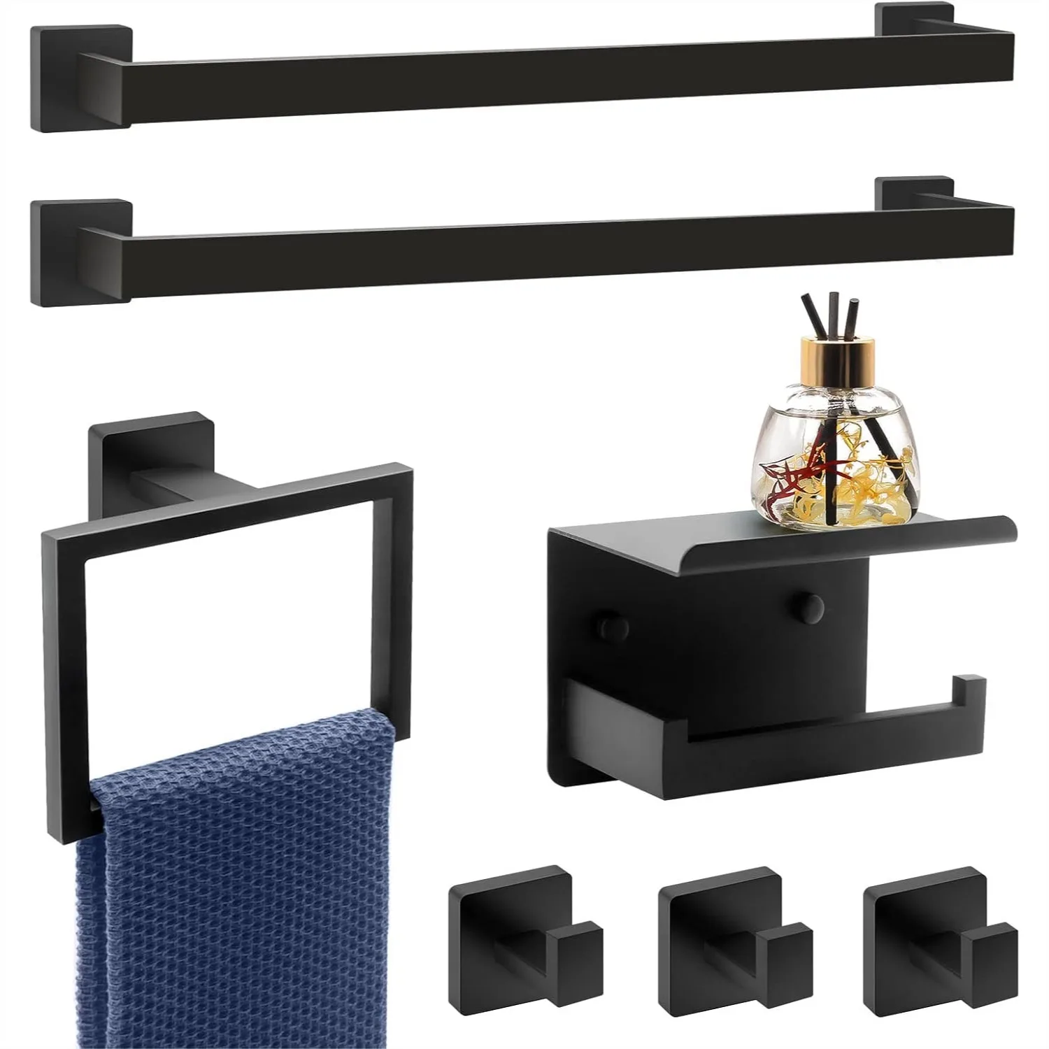 

Matte Black Bathroom Hardware Set 7-Piece with Towel Bars, Toilet Paper Holder, Hand Towel Rack & Hooks, Stainless Steel Wall