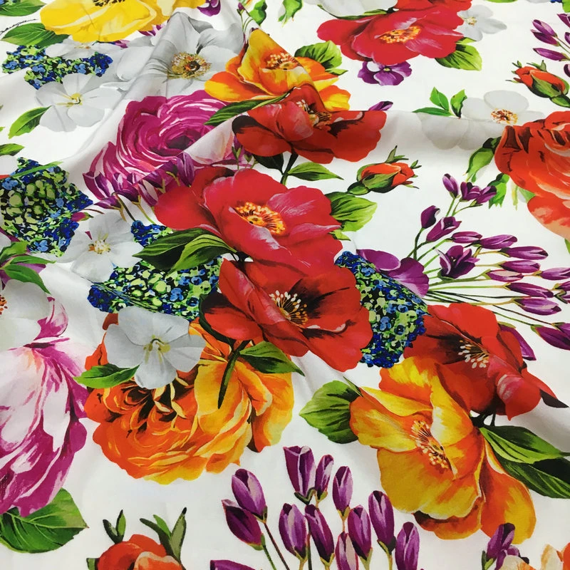 135x50cm Silk Fabric European and American Brand White Peony Flower Print Wide Stretch Crepe De Chine Mulberry Silk Dress Fabric