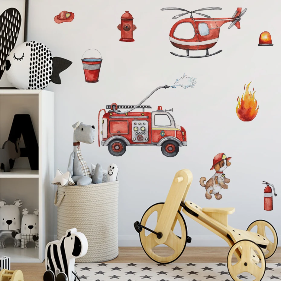 Cartoon Cars Firefighting Fire Safety Equipment Wall Stickers for Kids Baby Boys Bedroom Living Room Nursery Decor Decals DIY