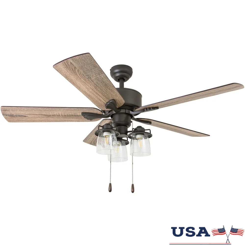 

52-дюймовый потолочный вентилятор River Run с дистанционным управлением, реверсивный двигатель, три скорости, комплект освещения в комплекте, гостиная, спальня