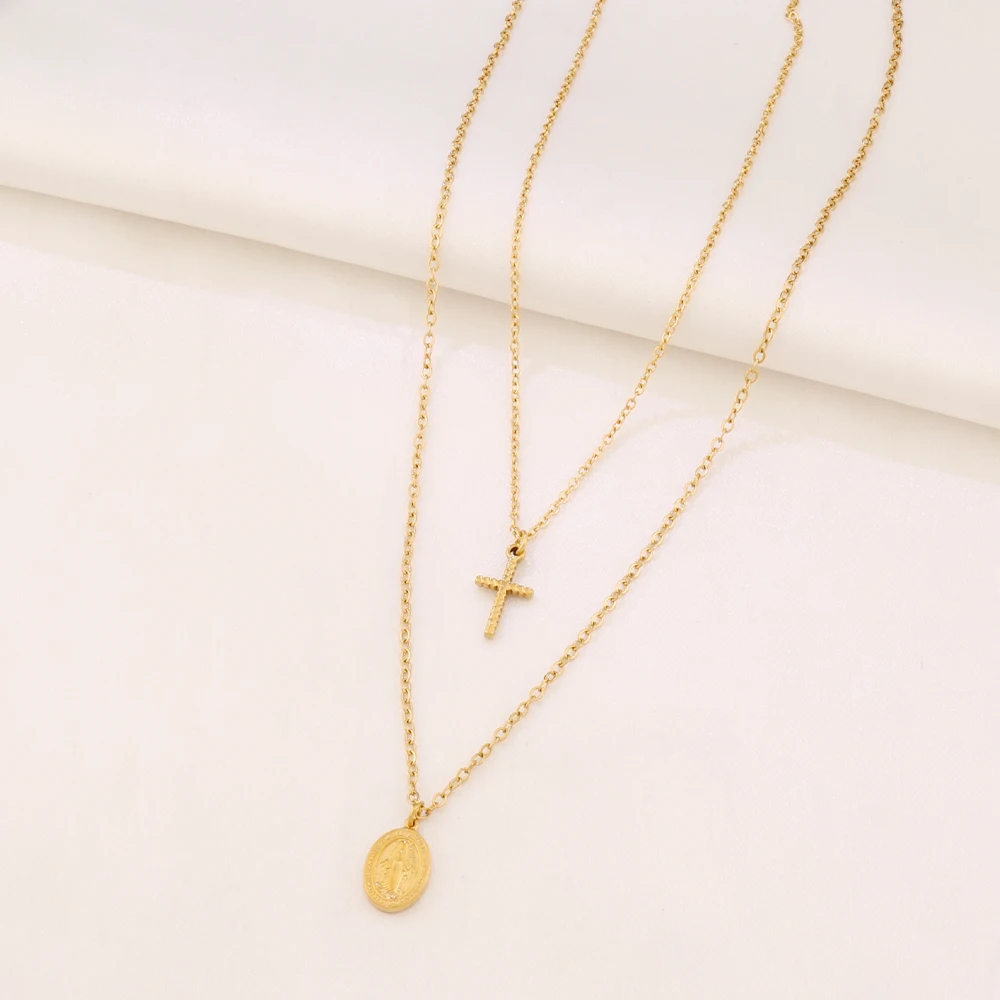 Collares con colgante de cruz de acero inoxidable 316L para mujer, dijes simples de la Virgen María, collar de cadena de doble capa, joyería