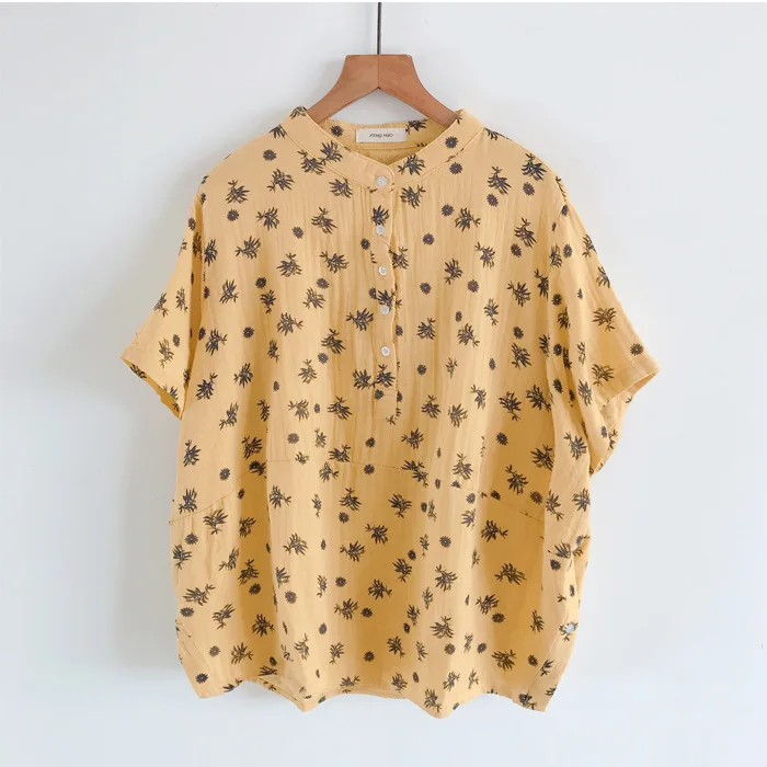 New Autumn Cotton Print Basic Shirts Women Stand Neck Grass Tops Girls Short Sleeve Loose Sweet Leisure Blouses Spring T39371QC