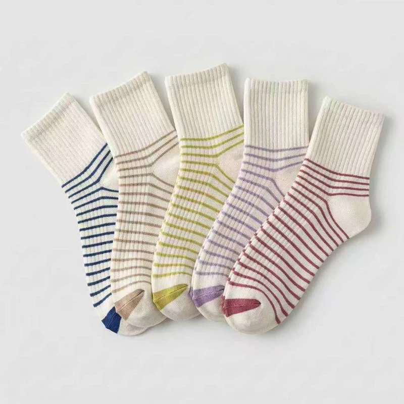 Dreamlikelin, paquete de 5 pares de calcetines sencillos para mujer, estilo japonés a rayas, calcetines de tubo medio que absorben el sudor, para primavera y verano