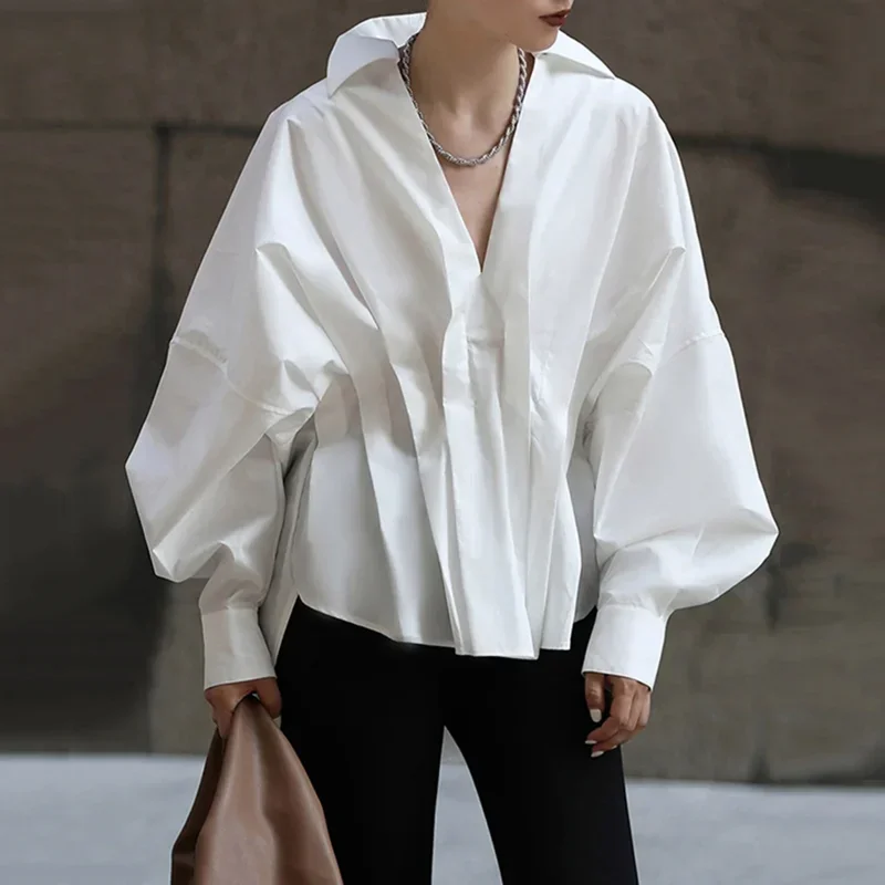 Bohohipei White Blouse For Women 2024 New Spring Fashion V-neck Solid Color Long Sleeves Loose Pleated Casual Shirts Tops