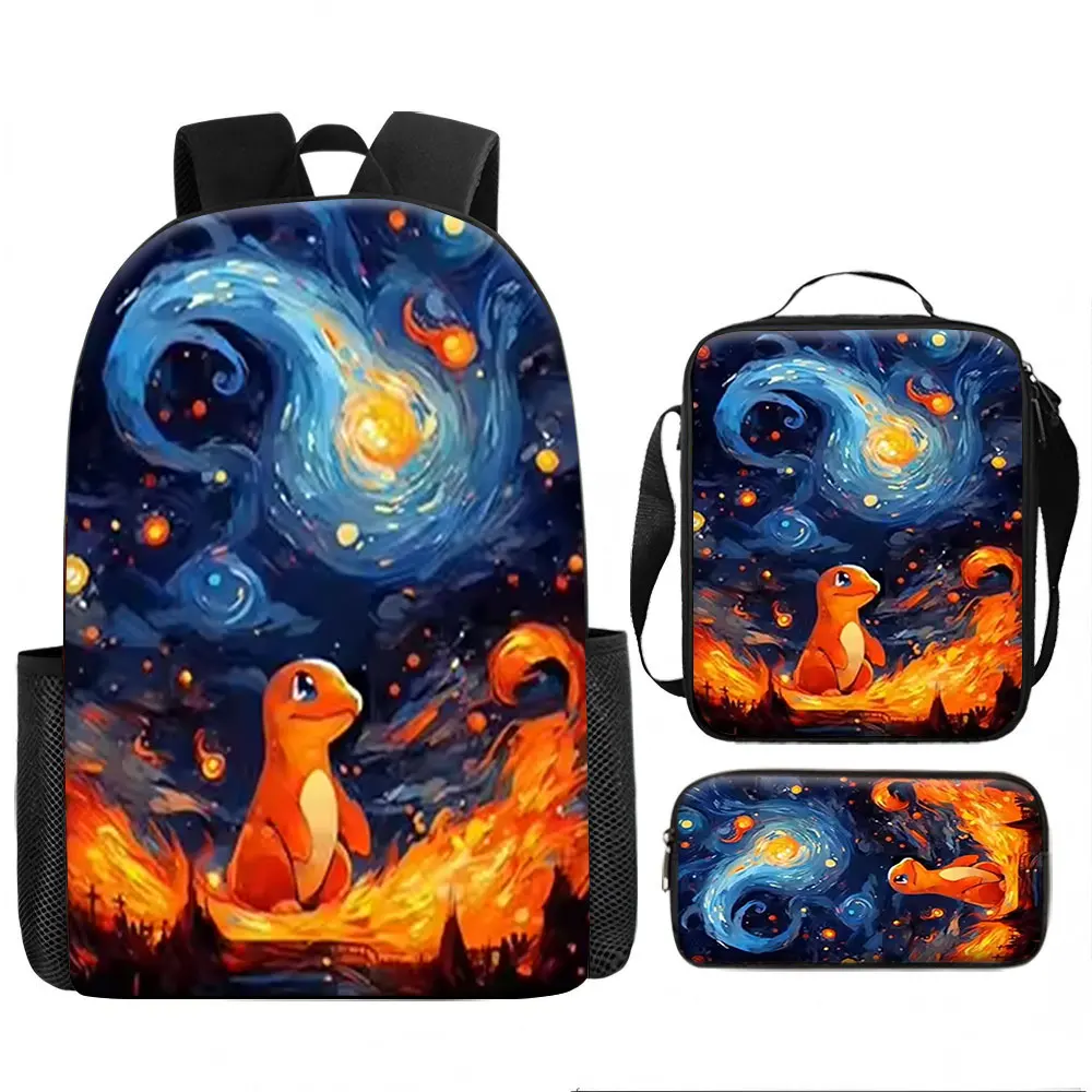 Kindertasche, Pokémon, Charmander, 3-teiliges Rucksack-Set, Ölgemälde-Druck, atmungsaktive Canvas-Schultasche für Kinder, Studenten