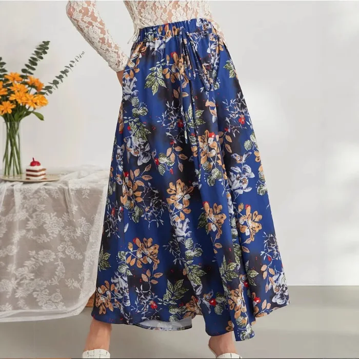 

Women's Fashion Bottom Skirt Summer Elastic Waist Strap Printed Double Pocket Long Skirt for Women