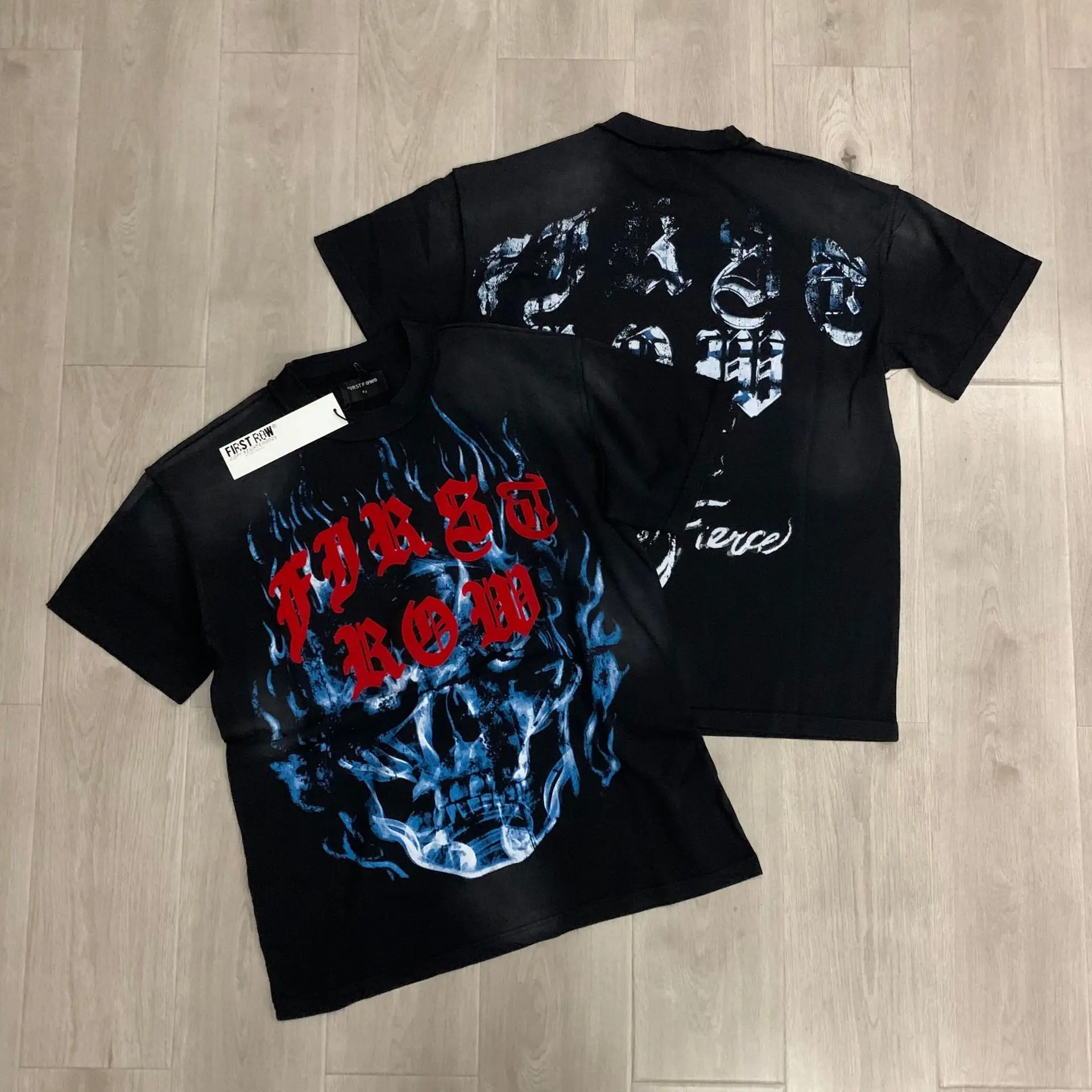 First Row Wake Up and Be Fiery Flame Tee - Embroidered Diamond Washed Water-Damaged Short-Sleeved T-Shirt