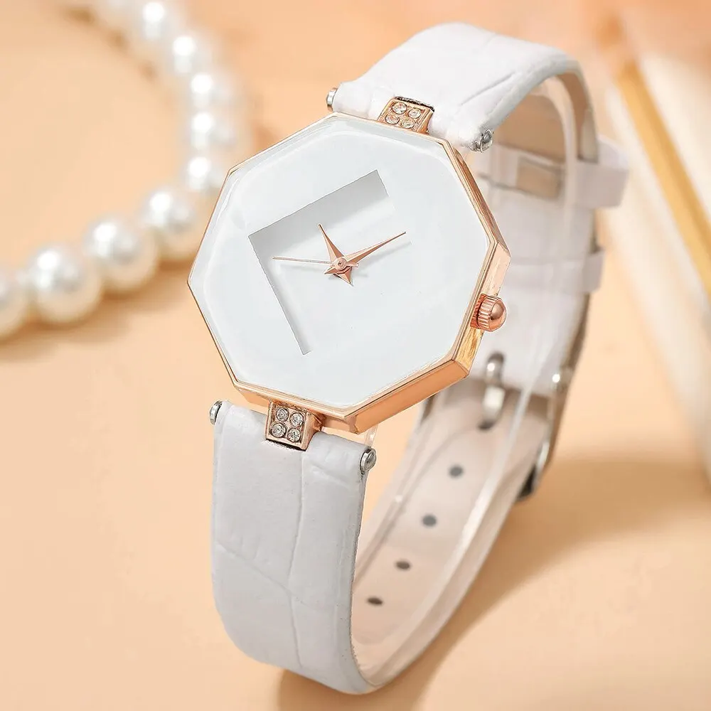 2pcs White Simple Watch Rhinestone Pearl Bracelet For Women Personality Irregularly Quartz Watch Bracelet Set