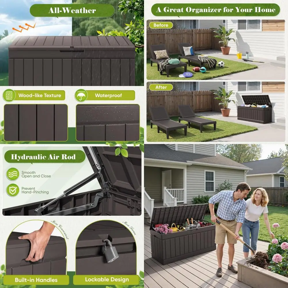 

80 Gallon Waterproof Resin Deck Storage Box with Wood Grain for Patio Cushions and Supplies (Brown)