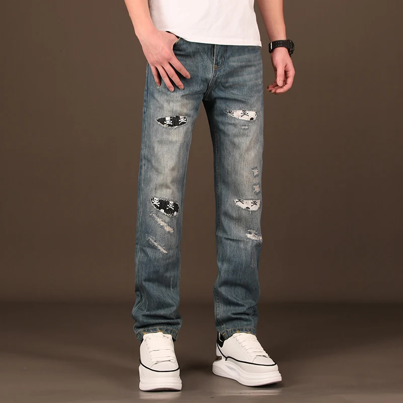 

Мужские джинсы Dise Square свободного прямого кроя с вышивкой черепа, в американском ретро-стиле, с эффектом потертости, пэчворк, длинные брюки, молодежные, повседневные, хлопковые