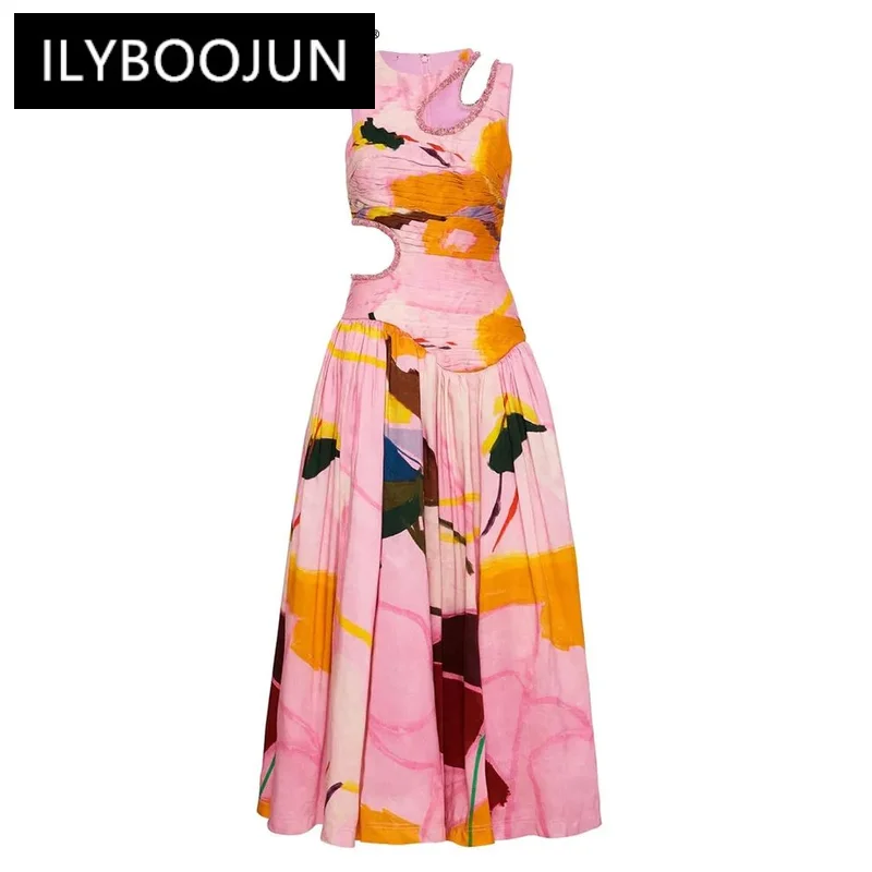 

ILYBOOJUN Rainbow Dresses For Women Round Neck Sleeveless High Waist Folds Hit Color Print Dress Female Fashion Clothing New