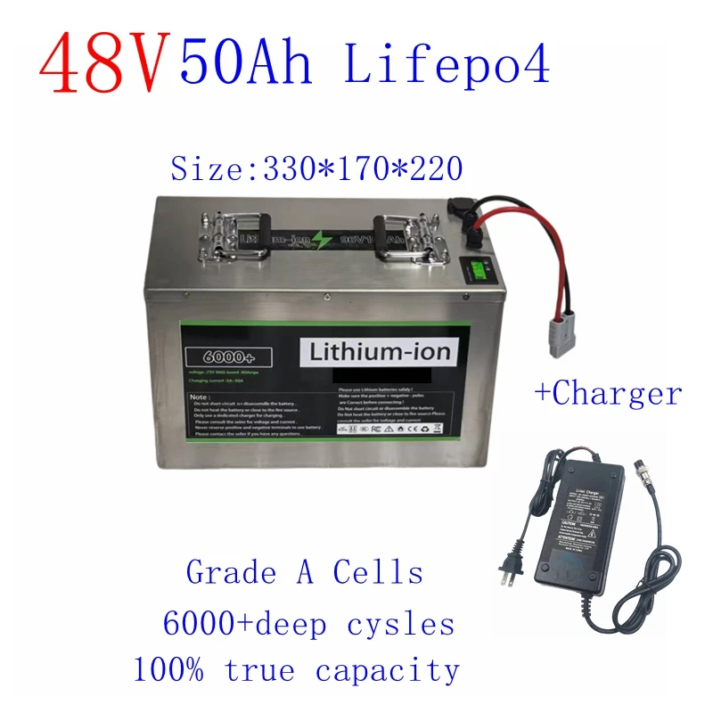 

Batterie LiFePO4 haute capacité, 48V, 50Ah, 40Ah, BMS 3000W, stockage d'énergie pour voiture, navette AGV, chargeur 10A inclus