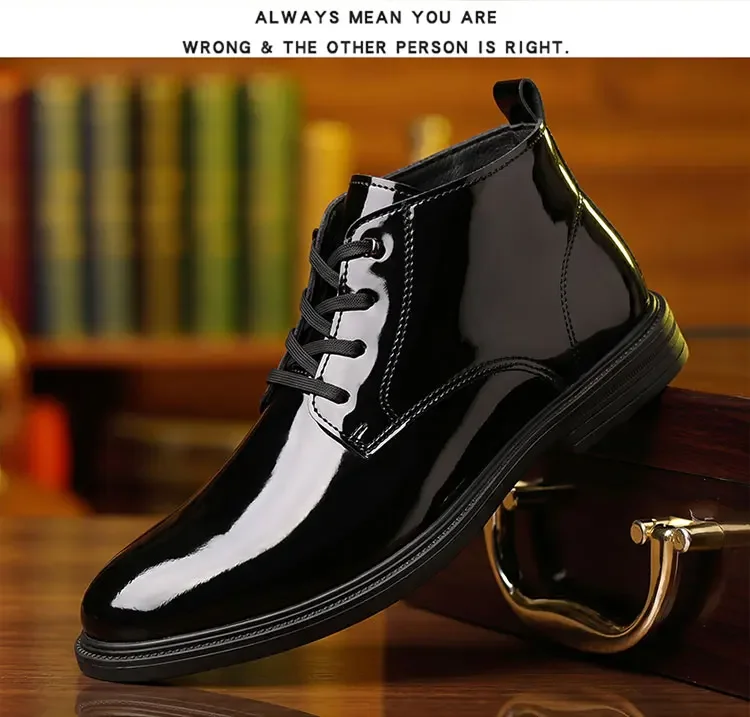 Glänzend schwarze Schnürstiefeletten für Herren, hohe Schafthöhe, dicke Sohle, modische, lässige Business-Herrenschuhe – Detail 14